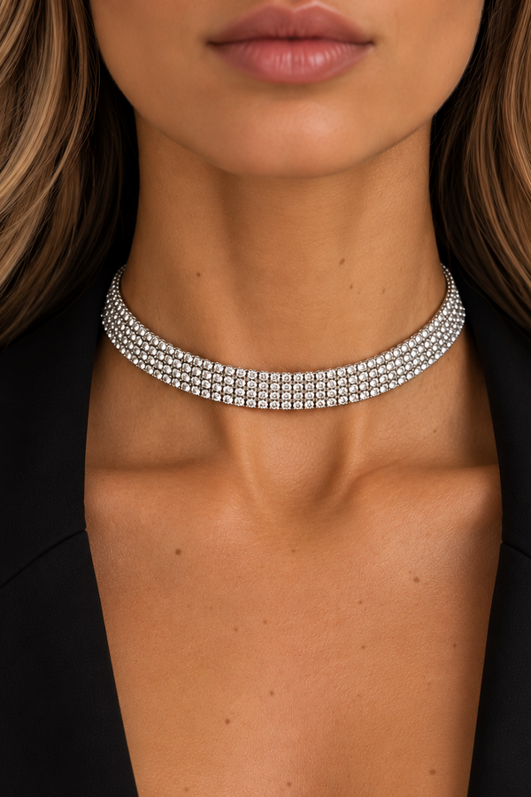 Mood Silver Plated and Crystal Multirow Choker Necklace