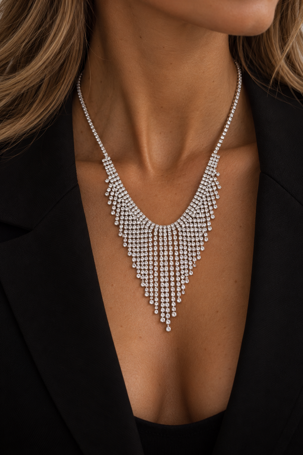 Mood Rhodium Plated and Crystal Statement Shower Necklace