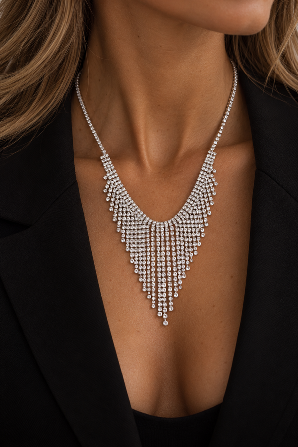 Mood Rhodium Plated and Crystal Statement Shower Necklace