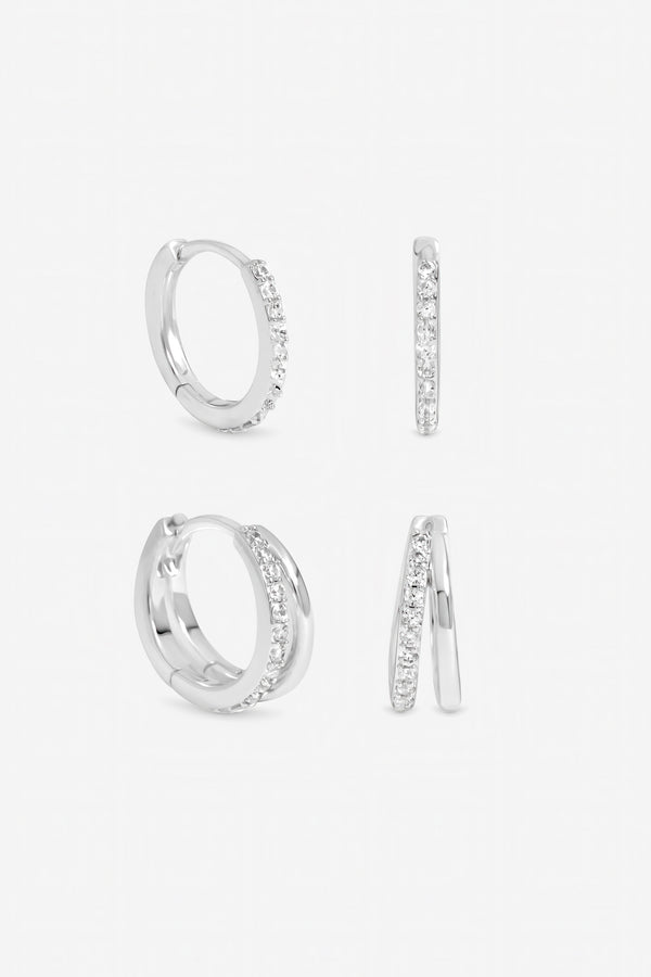 Inicio Sterling Silver Polished And Pave Hoops - Pack of 2