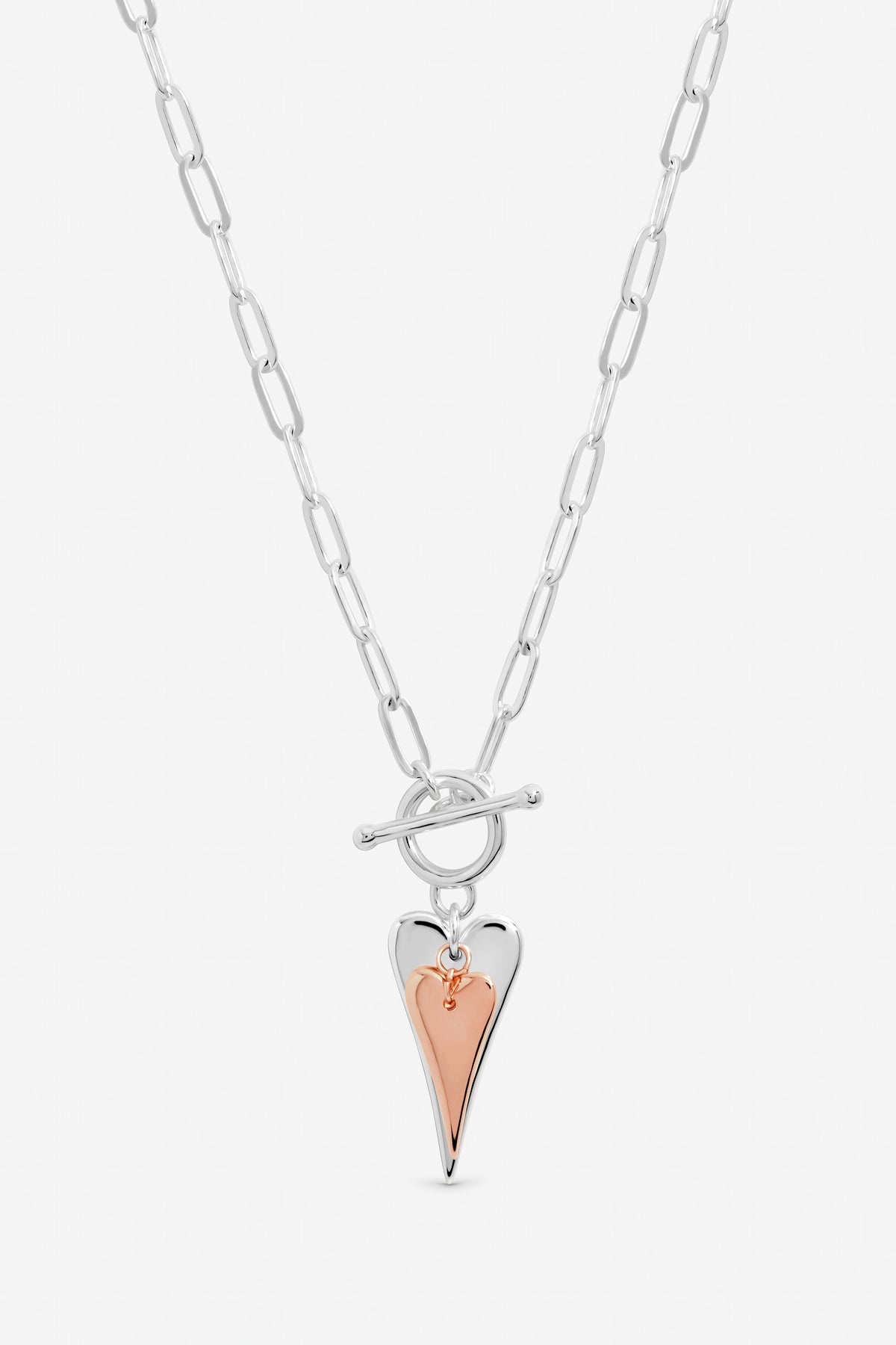 Inicio Sterling Silver Plated Two Tone T-Bar Heart Necklace - Gift Pouch