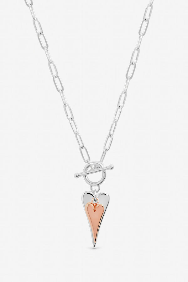 Inicio Sterling Silver Plated Two Tone T-Bar Heart Necklace - Gift Pouch