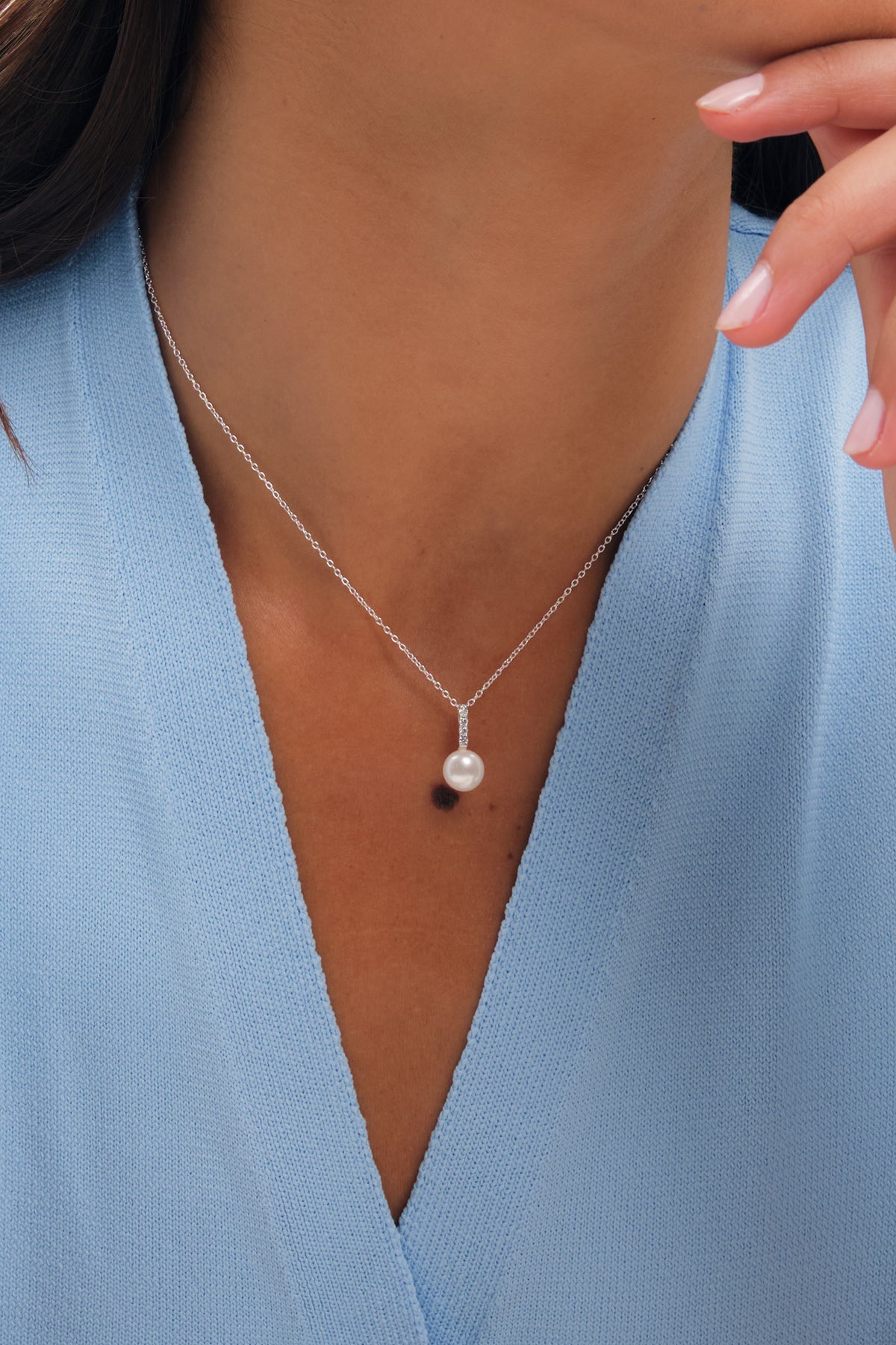 Simply Silver 925 Sterling Silver Cubic Zirconia Bar Pearl Pendant - Gift Pouch