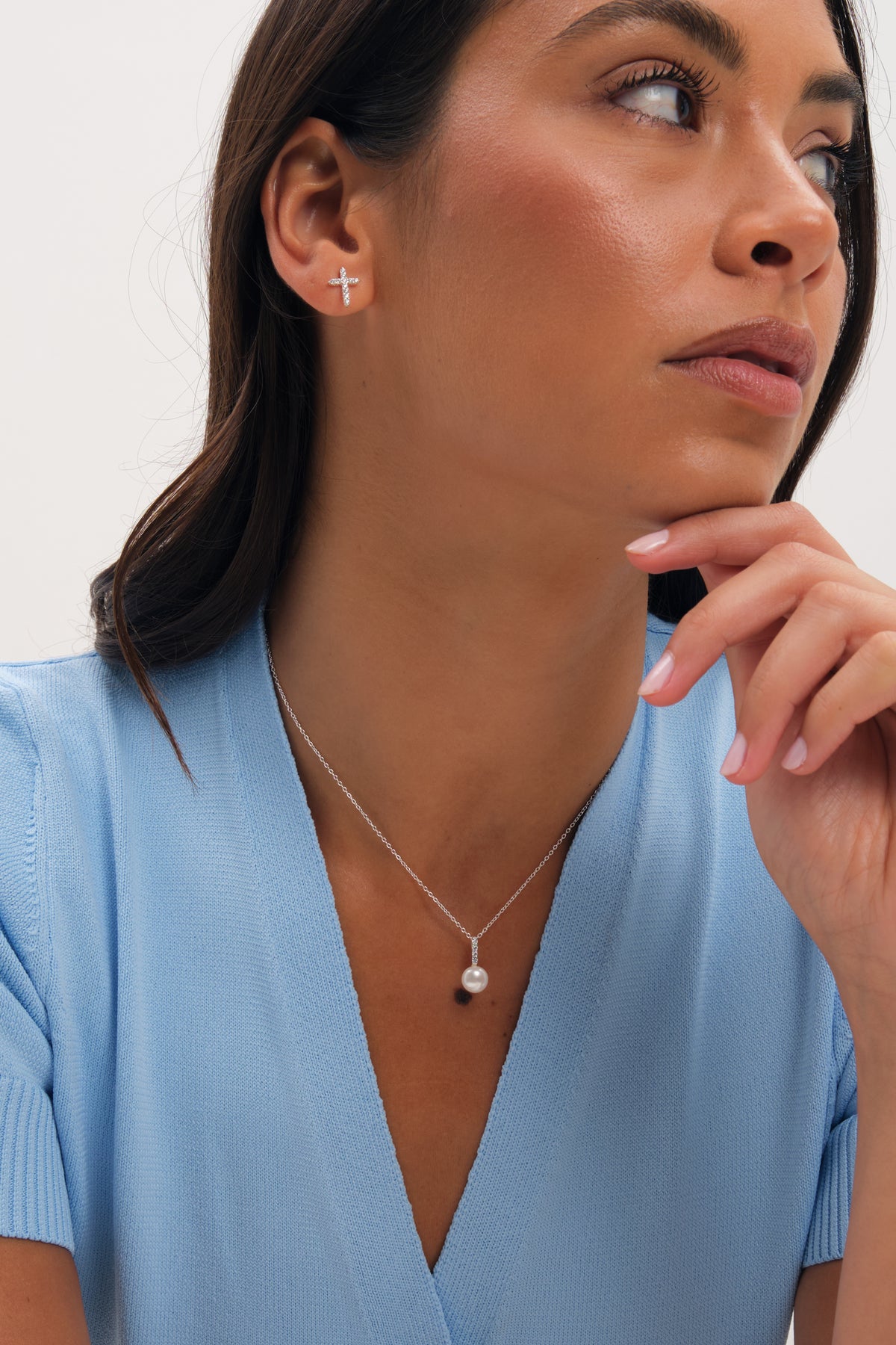Simply Silver 925 Sterling Silver Cubic Zirconia Bar Pearl Pendant - Gift Pouch