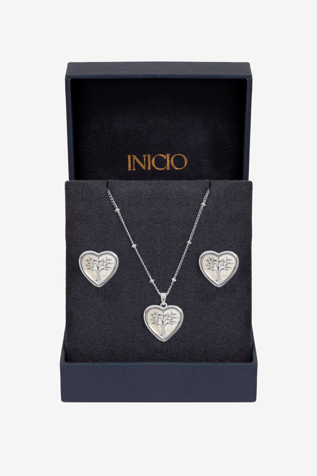 Inicio Sterling Silver Mother of Pearl Tree Of Love Heart Set - Gift Box