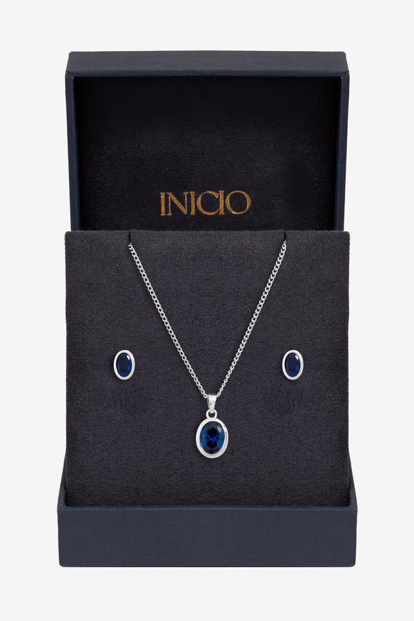 Inicio Sterling Silver Plated Sapphire Oval Bezel Set - Gift Box
