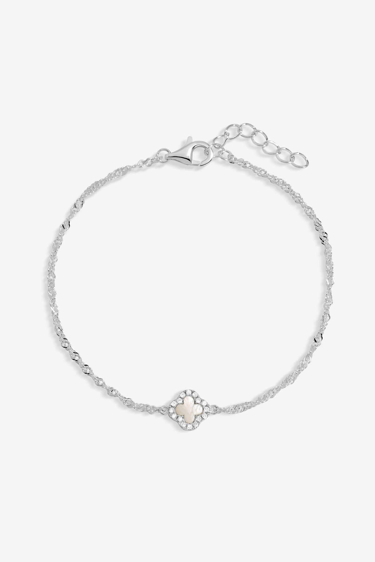 Simply Silver 925 Sterling Silver Pave And Mother Of Pearl Clover Bracelet - Gift Pouch