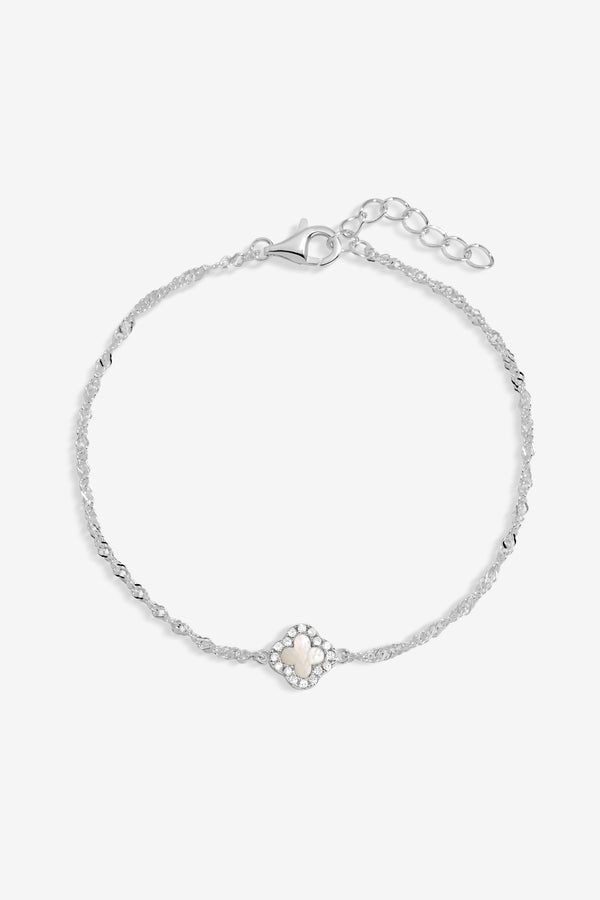 Simply Silver 925 Sterling Silver Pave And Mother Of Pearl Clover Bracelet - Gift Pouch