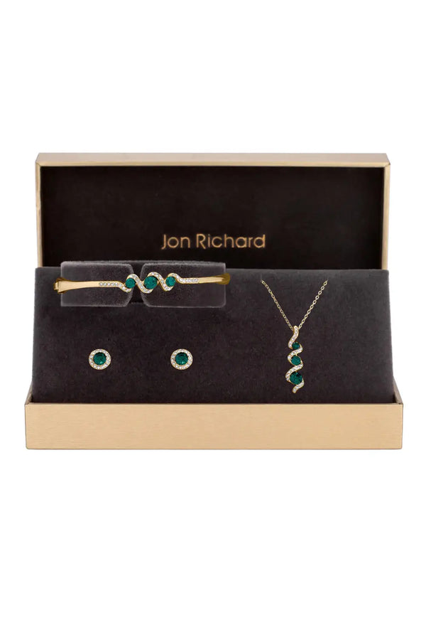 Jon Richard Gold Plated Emerald And Crystal Twist Drop Trio Set  - Gift Box